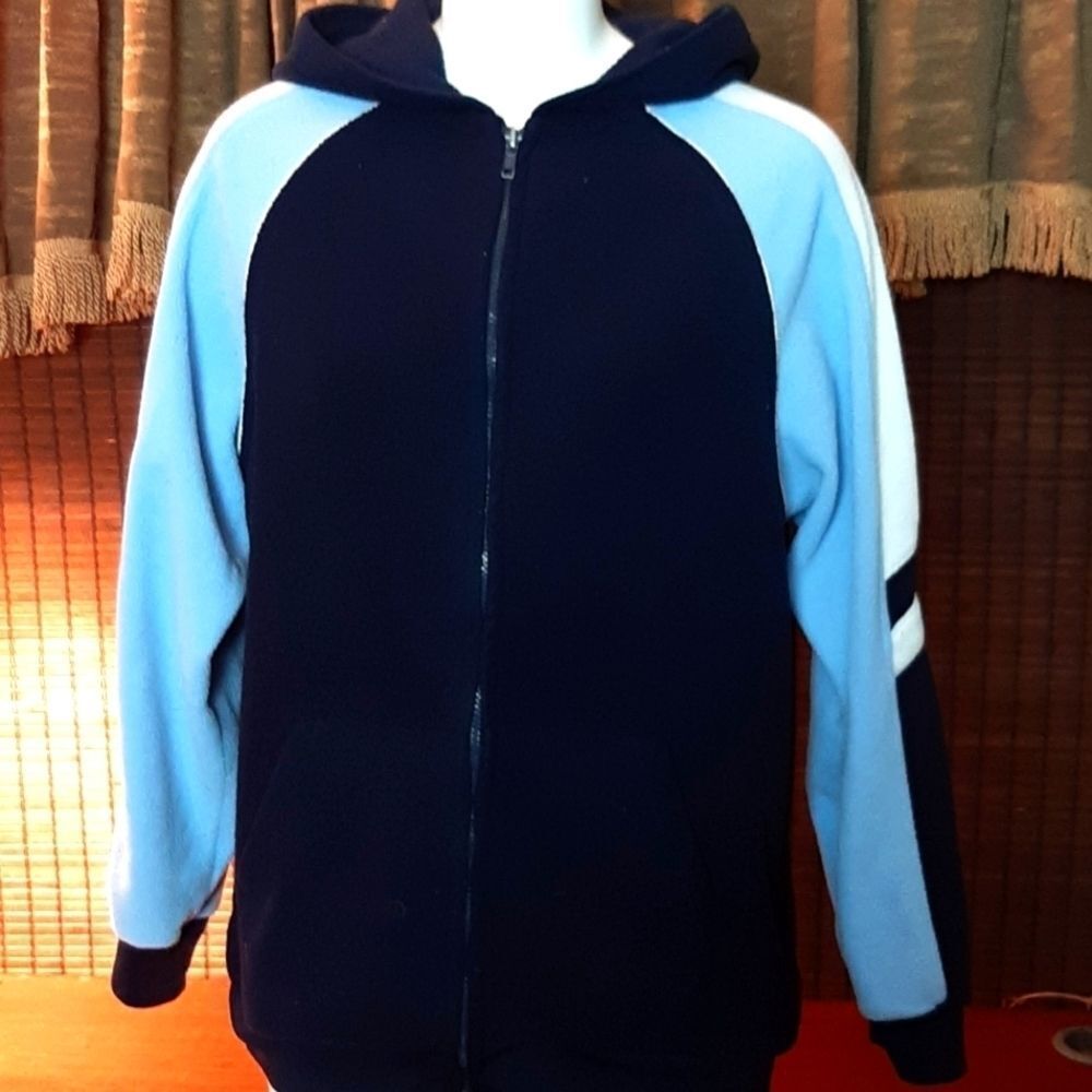 Athletic Tech Woman's Fleece Hoodie Blue &White Jacket M 22Wx37 x19 Sleeves